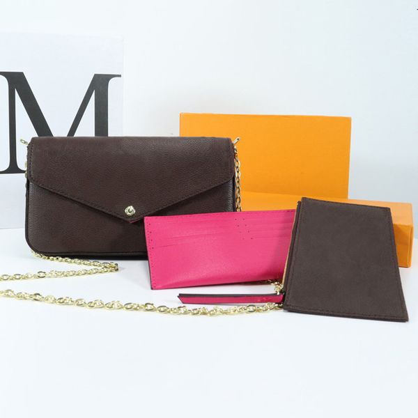 

designer handbags shoulder bag totes 3pcs set pochette accessories brown flower messenger chain strap cross body ladies flap purse clutch 00