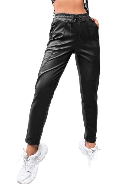 

apperloth a high waist pocket pu leather pants g1wi#, Black;white