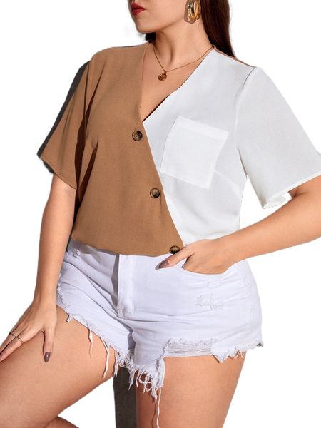 

plus colorblock patched pocket button front blouse d7yn#, Black