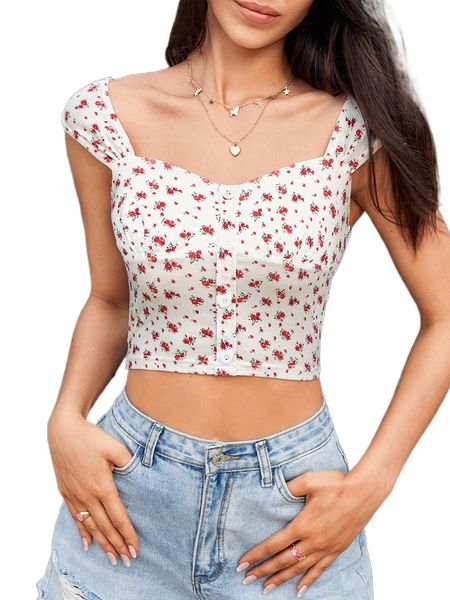 

ditsy floral sweetheart neck fake button tank f5kp#, White