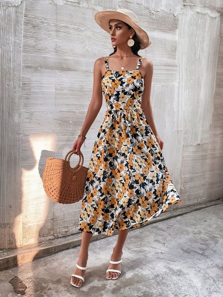 

allover floral print tie back cami dress y2el#, Black;gray