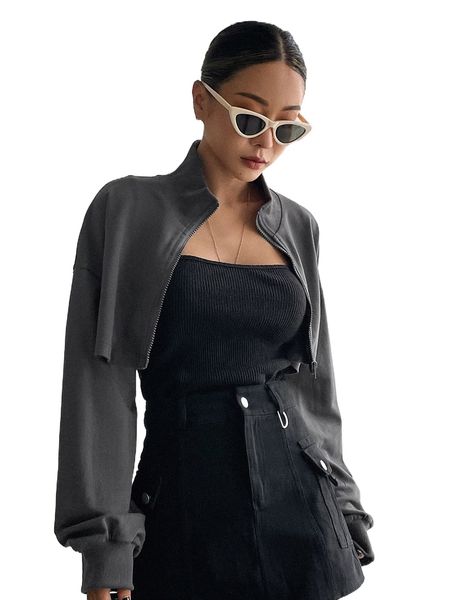 

dazy drop shoulder zip up crop sweatshirt u6mo#, Black