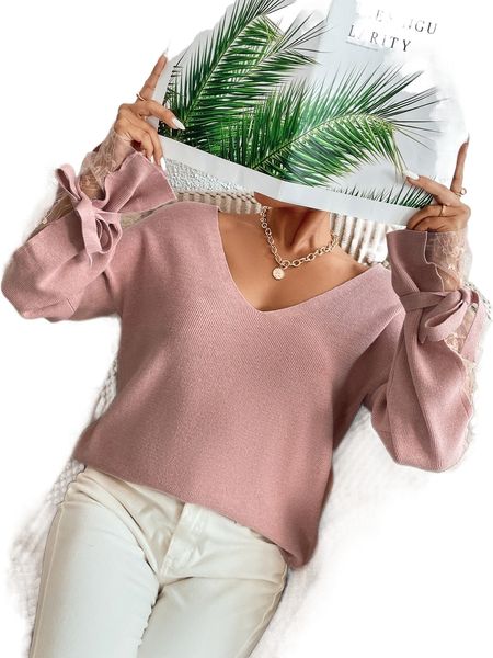 

contrast lace knot cuff drop shoulder sweater v5ww#, White;black