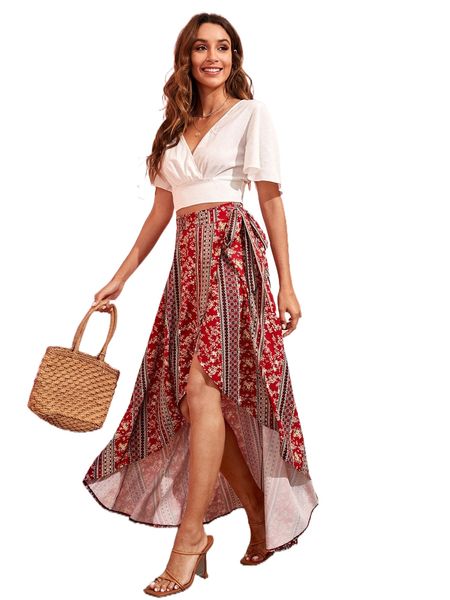 

floral and geo print belted wrap skirt b08s#, Black