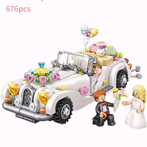 Modelo de veículo da cidade de carros de casamento romântico Modelo de veículo e bloco de construção da noiva Blocos de montagem educacional Toy for Kids J220624
