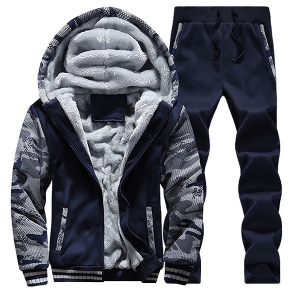 

winter fleece men tracksuits casual set plus velvet warm sweater suit patchwork camouflage sportswear men clothing plus size 5xl 201128, Gray