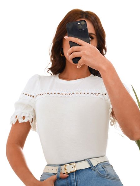 

contrast guipure lace puff sleeve tee l2hk#, White
