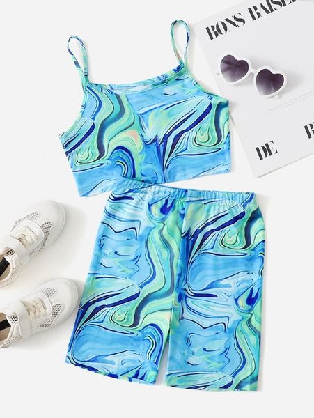 

girls marble print cami & shorts she, White