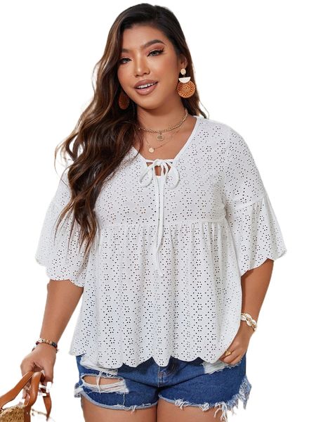 

plus eyelet embroidery tie front tee w3o3#, Black