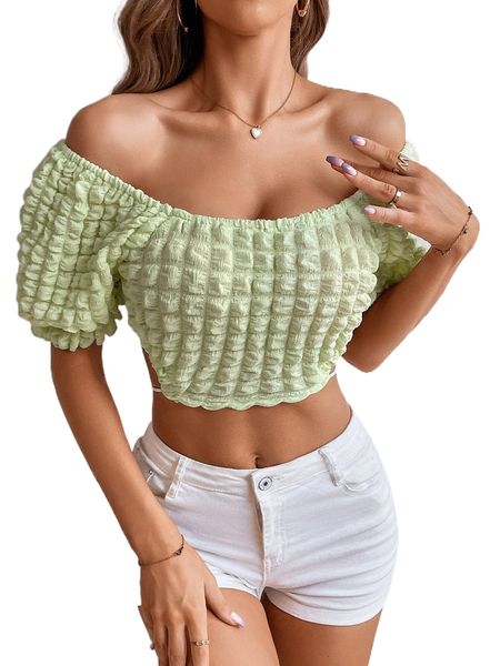 

puff sleeve tie back textured t3wp#, White