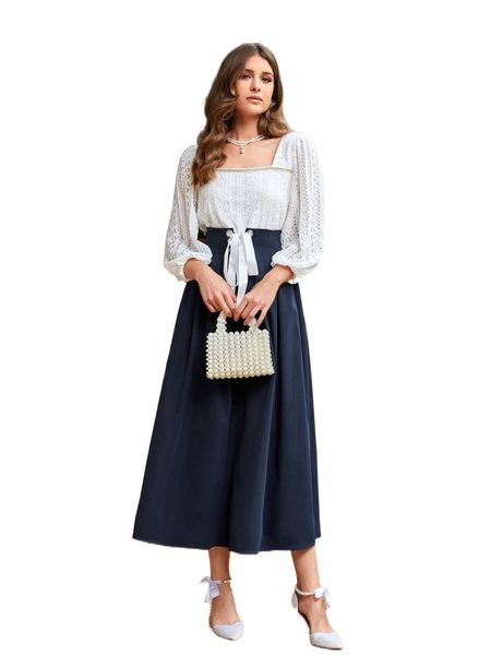 

lantern sleeve lace & lace up front skirt c2zf#, White