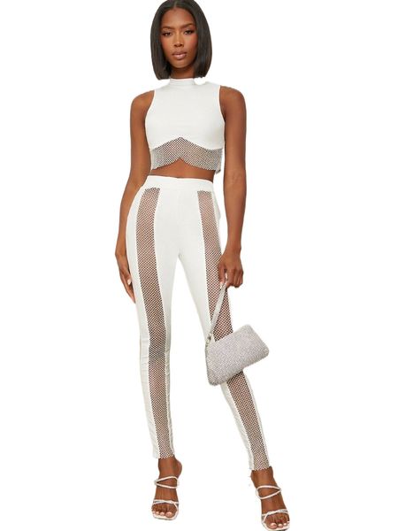 

rhinestone mesh trim mock neck tank and leggings set v7sk#, White