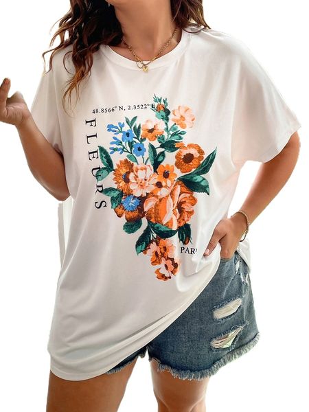 

plus floral & letter graphic batwing sleeve tee k4uk#, Black