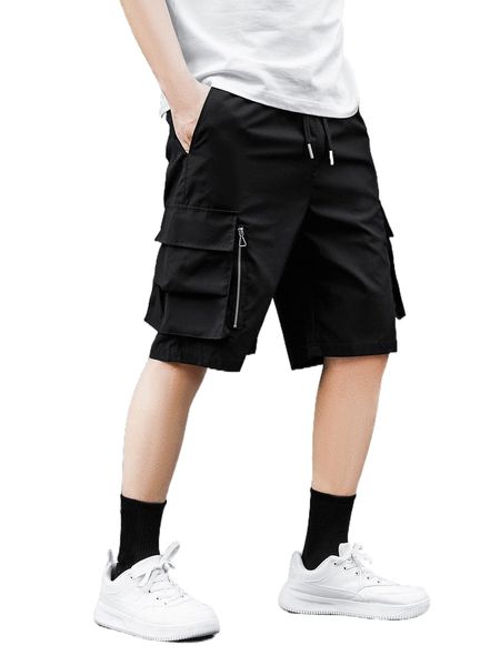 

men drawstring waist flap pocket cargo shorts z9gc#, White;black