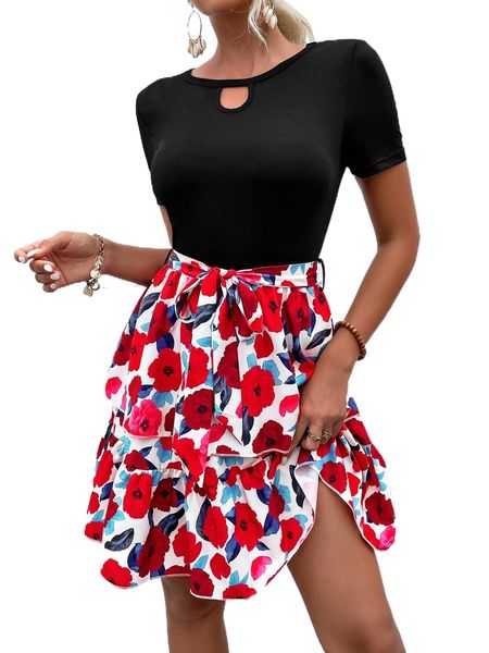 

floral print keyhole neck belted dress i8oe#, Black;gray