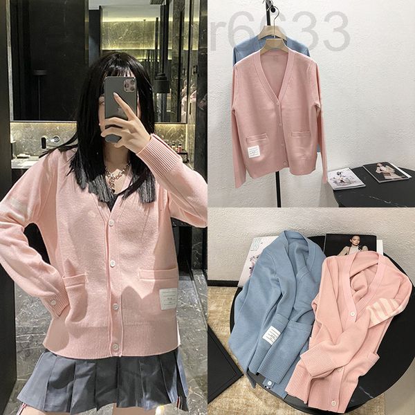 

women's knits & tees designer tb cardigan women's sweater short small coat v-neck early spring outside with pink knitted thick crl, White