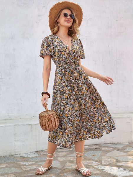 

allover floral print butterfly sleeve a-line dress p9ci#, Black;gray