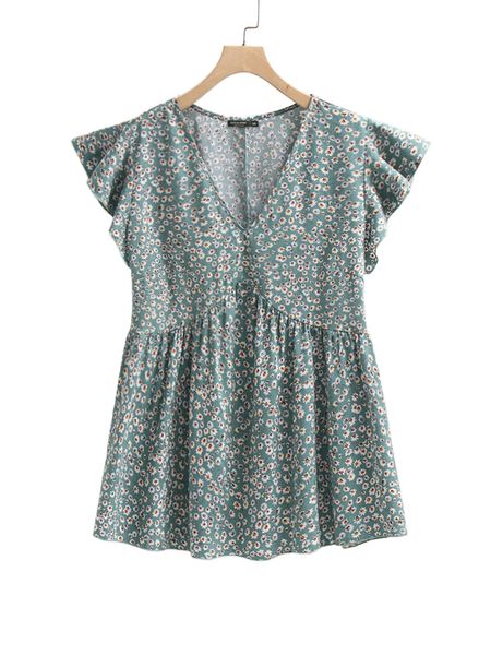 

plus ditsy floral print butterfly sleeve blouse a4qv#, Black