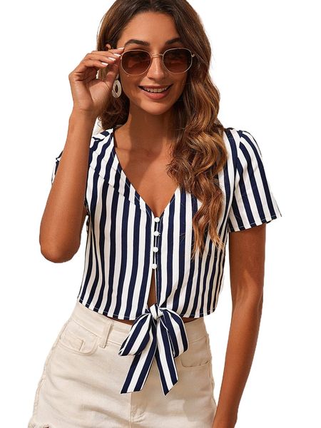 

striped print knot hem blouse f899#, White
