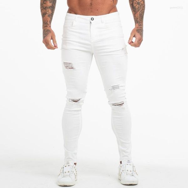 Männer Jeans GINGTTO Weiße Männer Hohe Taille Zerrissene Skinny Enge Männliche Super Spray Auf Hosen Drop Große Größe 36 Zm55