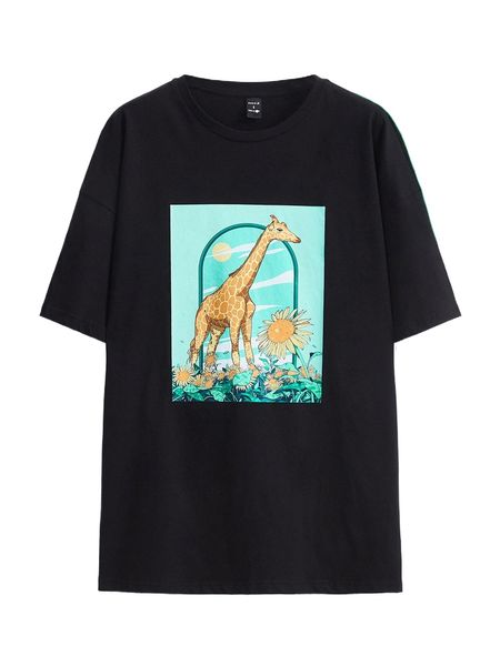 

x guai guai giraffe & floral print drop shoulder tee 60pt#, White