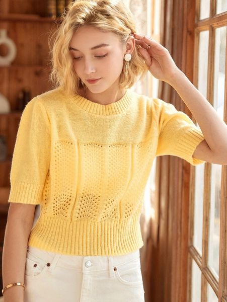 

knit mix puff sleeve pointelle knit without lined 133i#, White;black