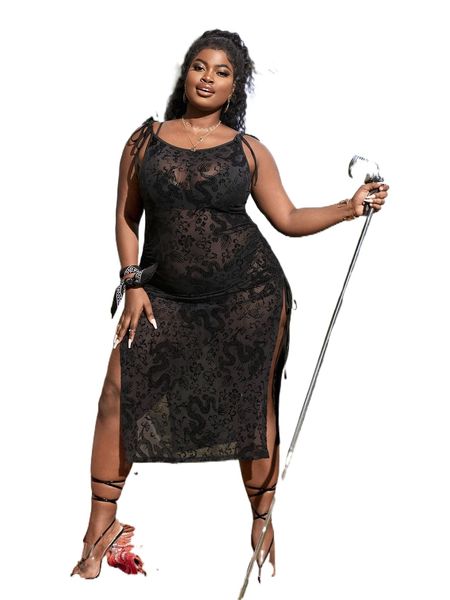 

sxy plus dragon & floral drawstring split side tie shoulder mesh dress k6e4#, Black