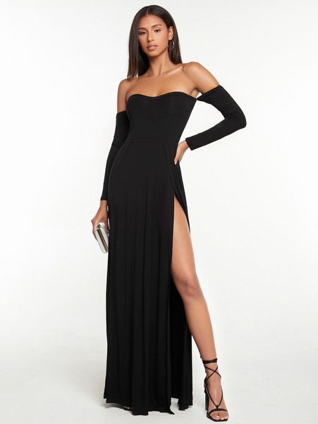 

tall off shoulder wrap split thigh dress f3h8#, Black;gray