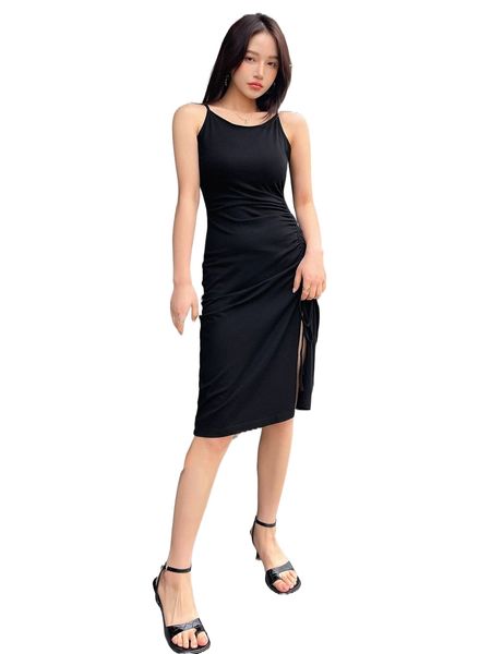 

dazy drawstring split thigh cami dress s3dd#, Black;gray