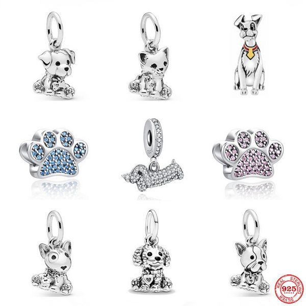 Ciondolo in argento sterling 925 simpatico cucciolo testa di cane blu testa di zampa ciondolo pendente con perline adatto bracciale Pandora accessori gioielli fai da te