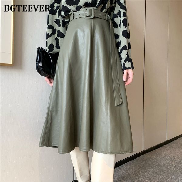 

vintage army green women pu leather skirts high waist belted sashes female a-line skirts 2021 autumn winter, Black