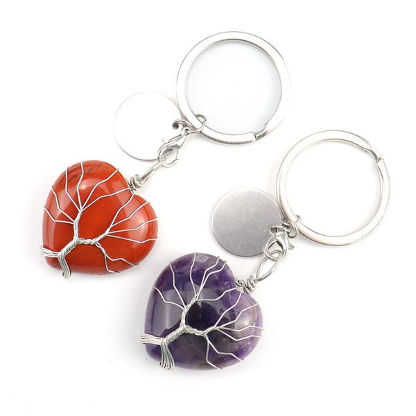 

handmade tree of life key rings heart natural stone healing crystal quartz keychain keys chain key ring, Slivery;golden