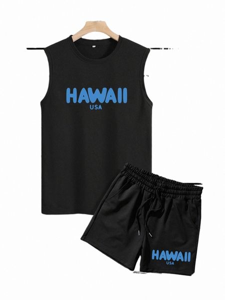 

men letter graphic tank & drawstring waist shorts j1fm#, Gray
