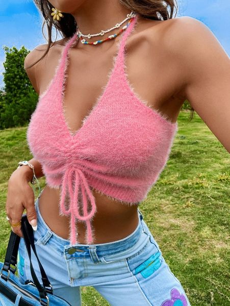 

drawstring front halter fuzzy knit w5jm#, White;black
