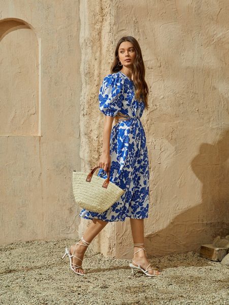 

floral print tie back cut-out dress u4gm#, Black;gray