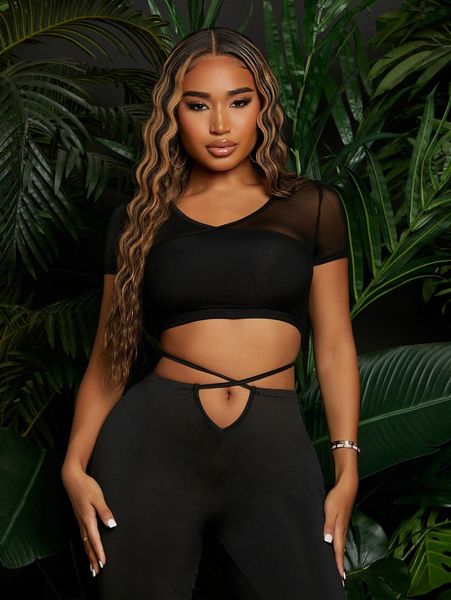 

sxy contrast mesh rib-knit crop tee q2b8#, White