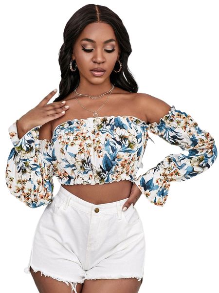 

floral print off shoulder flounce sleeve frilled 22rj#, White