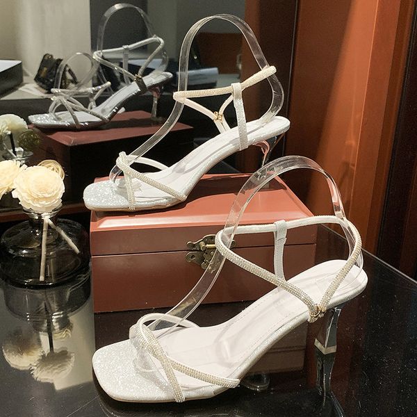 

clear heels fashion womens shoes 2021 buckle strap cross rhinestone sandals suit female beige luxury designers slipper for women, Black