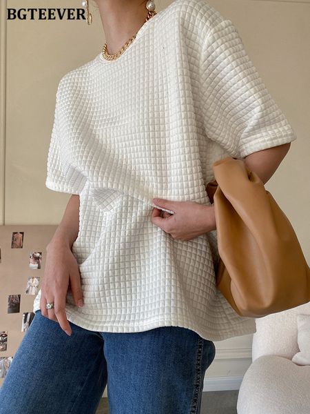 

chic loose waffle plaid women t-shirts 2022 spring summer o-neck ladies short sleeve female pullovers tees, White