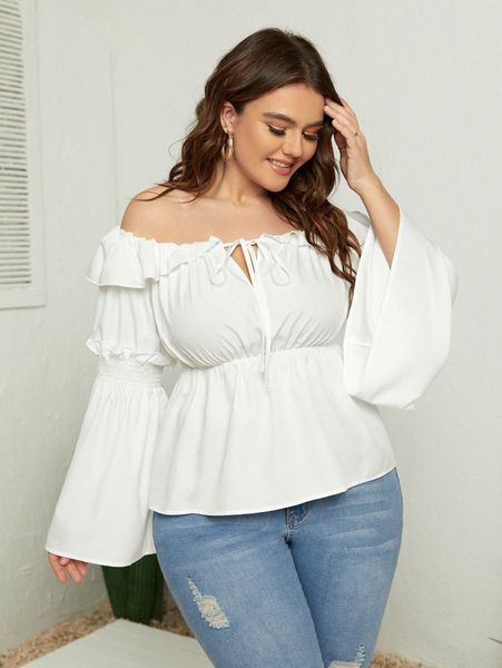 

plus tie neck ruffle trim bell sleeve peplum blouse l7hm#, Black