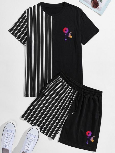 

romwe guys striped floral graphic tee & drawstring shorts o3me#, Gray