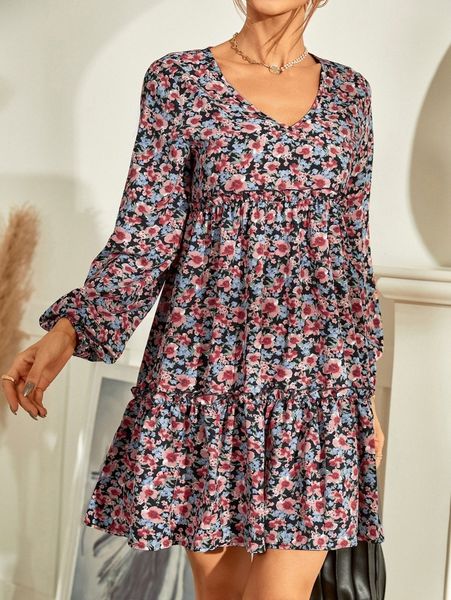 

floral print lantern sleeve ruffle hem smock dress n0o3#, Black;gray