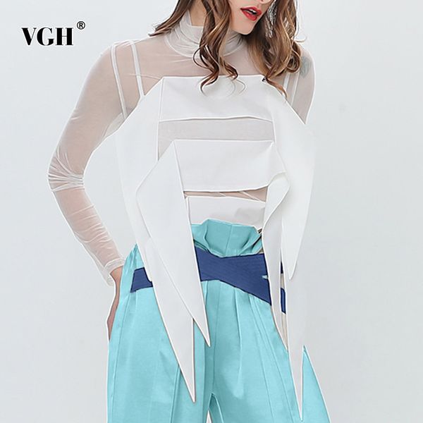 

white see through shirt for women urtleneck long sleeve irregular patchwork casual shirts female fashion clothes 210507