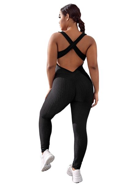

plus criss cross backless textured sports jumpsuit 009s#, Black