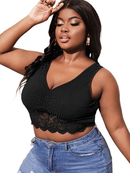 

sxy plus contrast lace ruched scallop trim tank 343p#, Black
