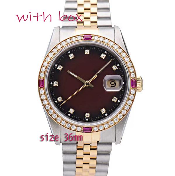 

ladies fashion diamond watch 36mm red dial stainless steel bracelet automatic mechanical water resistant multicolor available, Slivery;brown