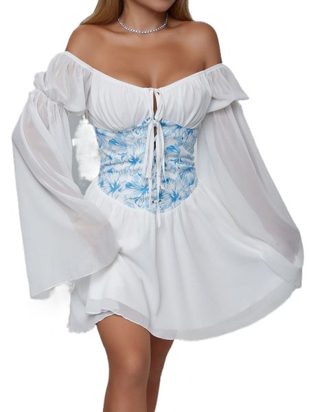 

floral print off shoulder bell sleeve lace up front dress e0wv#, Black;gray