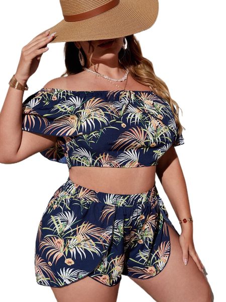 

plus tropical print off shoulder overlay crop & shorts 88vu#, Black