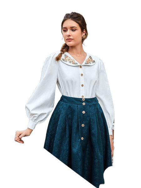 

floral embroidery lantern sleeve blouse f0s9#, White