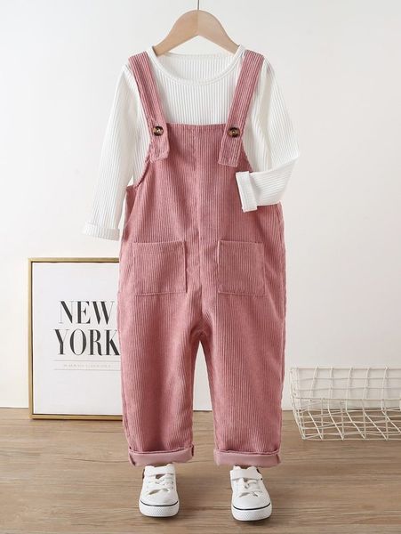 

toddler girls ribbed knit tee & pocket patched overall jumpsuit she, White
